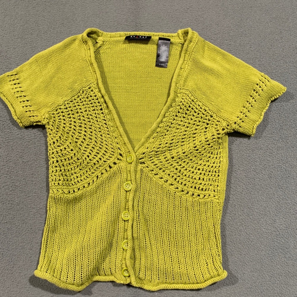 Axcess Crochet Cardigan Sweater Women M Chartreuse Green SS Knit Button Up Y2K